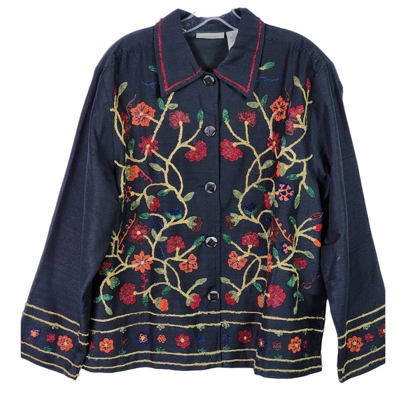 VTG 90s Units Silk-blend Black Floral Crewel Embroidered Jacket sz L Cottage - Picture 1 of 9